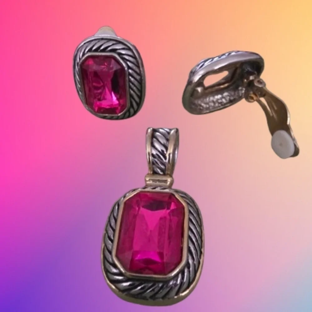 📣 Classic Y2K Fushia💖 Two Tone Gold Rope FASHION Set CLIP Earrings Pendant 😍